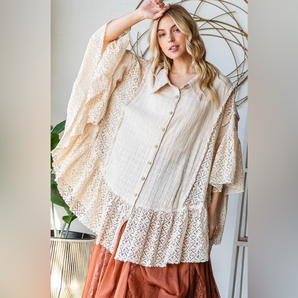 Oli & Hali Washed Lace Ruffle Front Shirt-cream